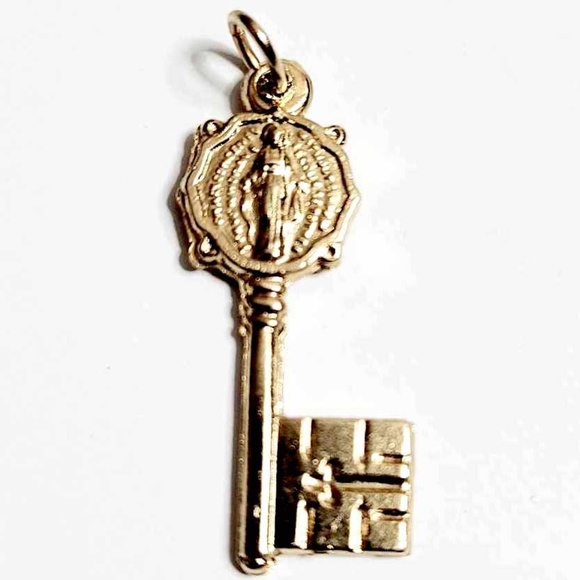 Vintage Italy Gold Medal Key Shaped Miraculous Key Charm Pendant - Picture 2 of 5